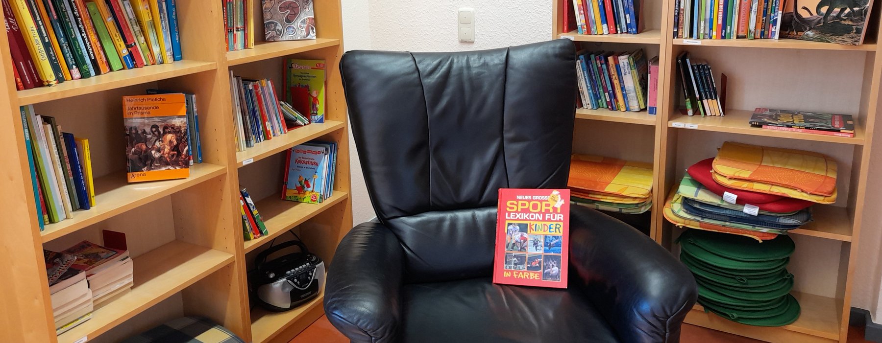 Buch liegt auf einem Sesel umgeben von Bücheregalen